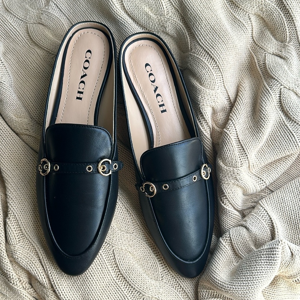 Coach Irene black leather mules